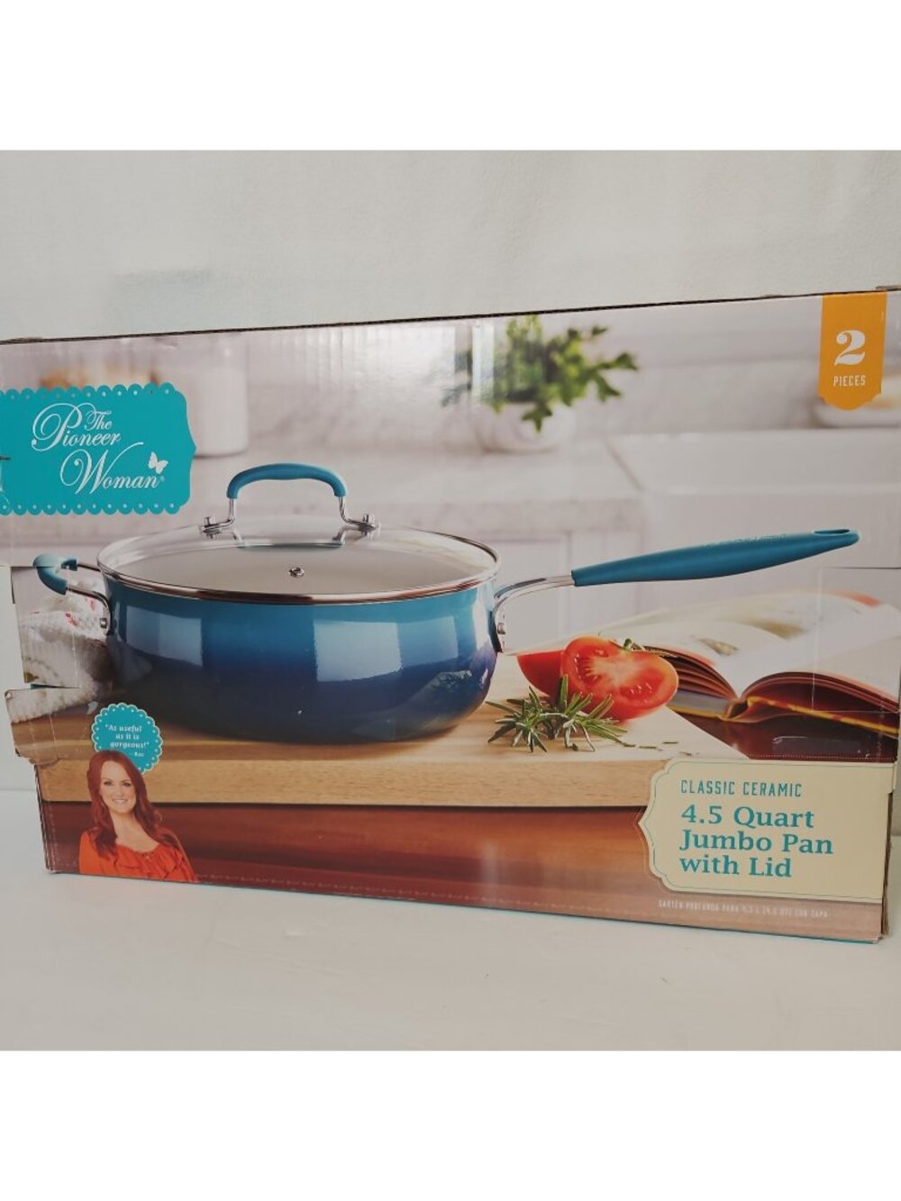 The Pioneer Woman Ombre Teal 4.5-Quart Classic Ceramic Jumbo Pan w/Lid New